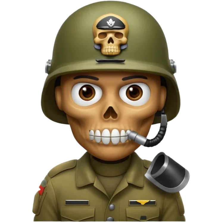 A bold emoji-style skull wearing a realistic army helmet,shushing . Clean vector style, high contrast, centered composition, modern emoji aesthetic, slightly dramatic lighting, detailed helmet texture, confident and intense expression, 3D glossy finish, high resolution. emoji