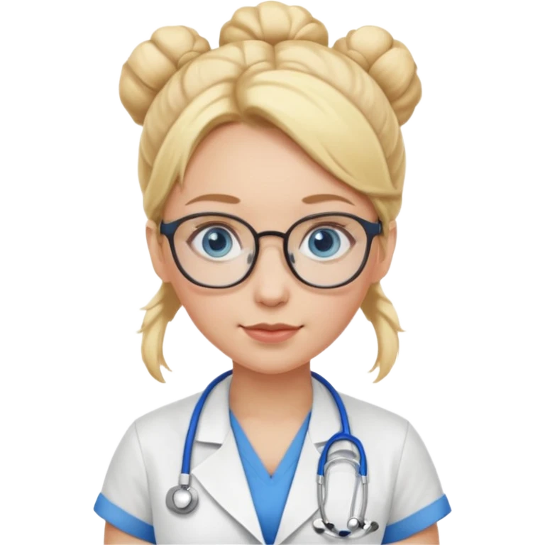 Blonde hair with two buns, blue eyes, stethoscope, and glasses emoji