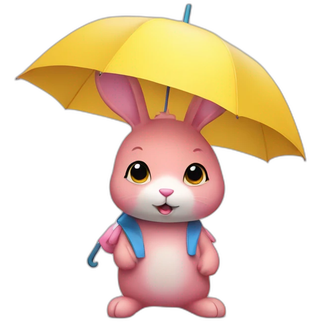Pink rabbit wearing yellow tee shirt and blue umbrella emoji