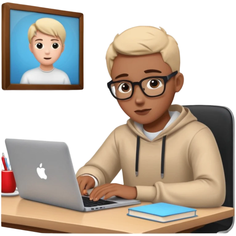 ученик учит английский язык за столом дома с макбуком прямо смотрит emoji