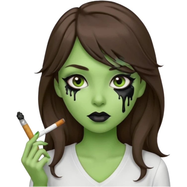 {
  "prompt": "3D cartoon-style green-skinned girl with long brown hair and a side-swept bang. Large brown eyes with black dripping makeup, white V-neck shirt, cigarette in her mouth, dark background. Same proportions and style as the original description.",
  "size": "1024x1024"
} emoji