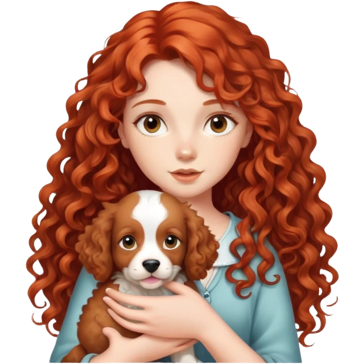 Long red curly hair girl with puppy emoji