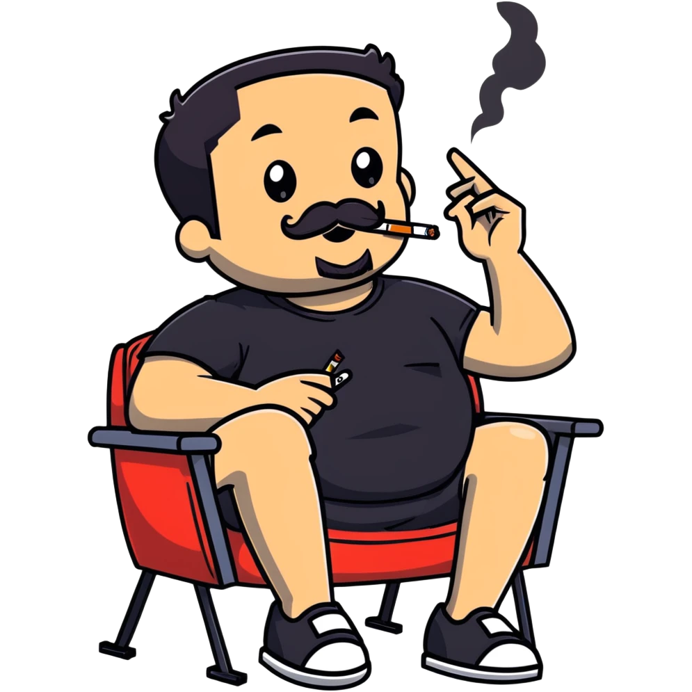 Heavy-set man leaning back in chair with legs spread, smoking cigarette, exposed belly, round face, short black hair, well-groomed beard with mustache, black t-shirt with light stripes on top portion, sleeves rolled up, black shorts, arms decorated with black graphic tattoo patterns on forearms and shoulders emoji