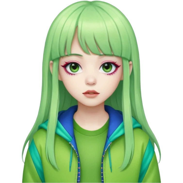  portrait-of-a-green alien-k-pop-idol,-wearing-a-stylish-streetwear-outfit-with-layered-colorful-clothing,-long-hair-with-bangs,-makeup,- emoji