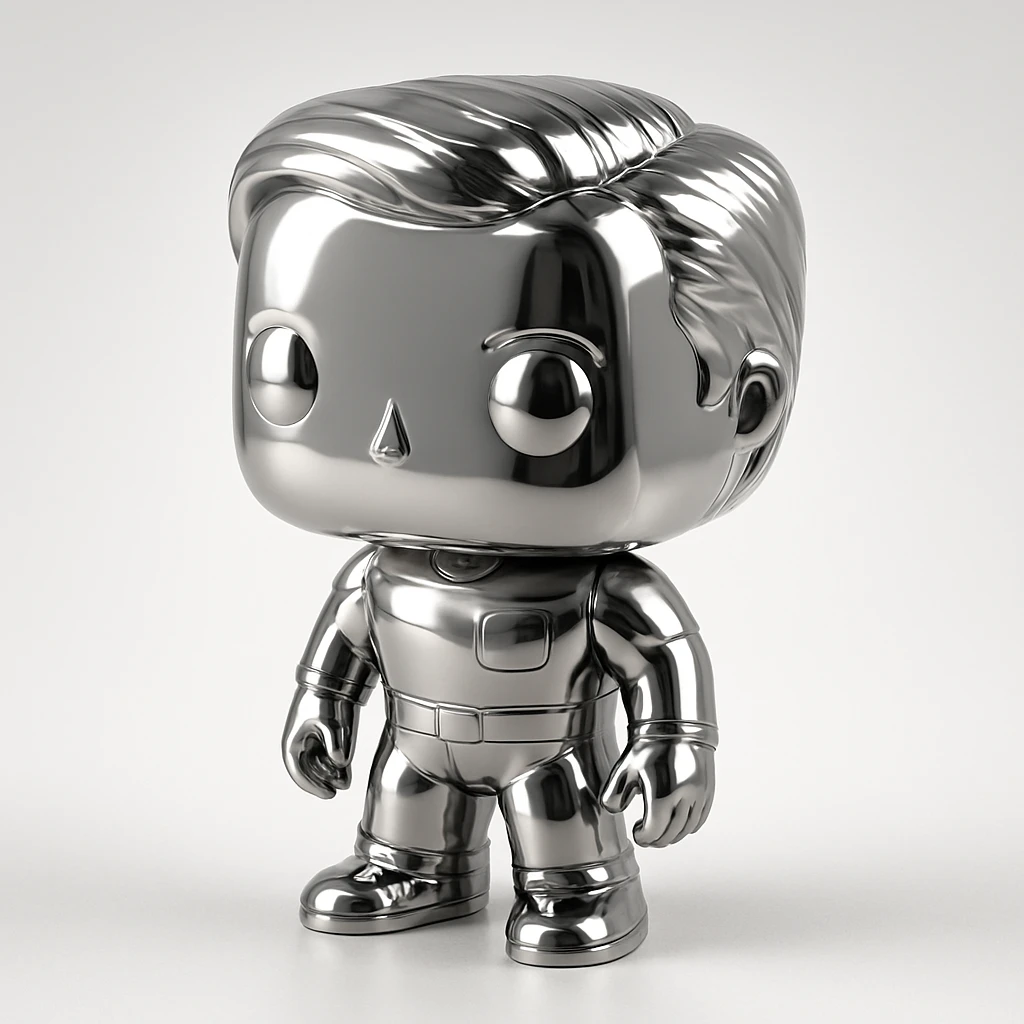 a set of Funko Pop style characters posed together, each with a unique metallic chrome color, reflecting light, cheerful and fun emoji