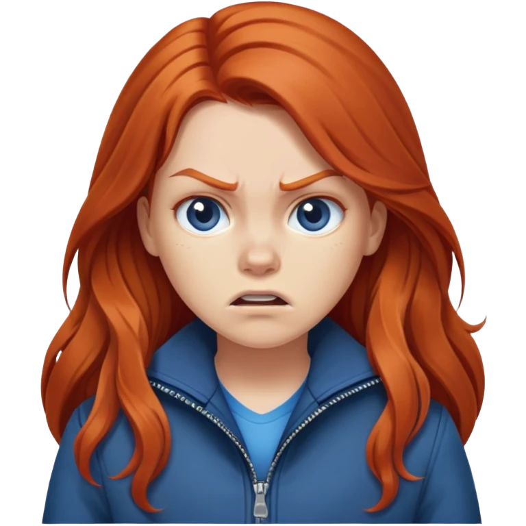Redhead girl with long hair in blue jacket looking angry emoji