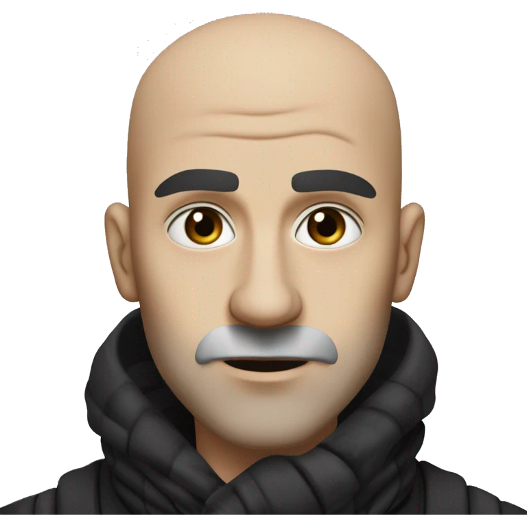 A bald man with a long pointed nose, blue eyes, and thick black eyebrows. He wears a black jacket with a high collar and a grey and black striped scarf. He has a stern expression and a slightly hunched posture. emoji