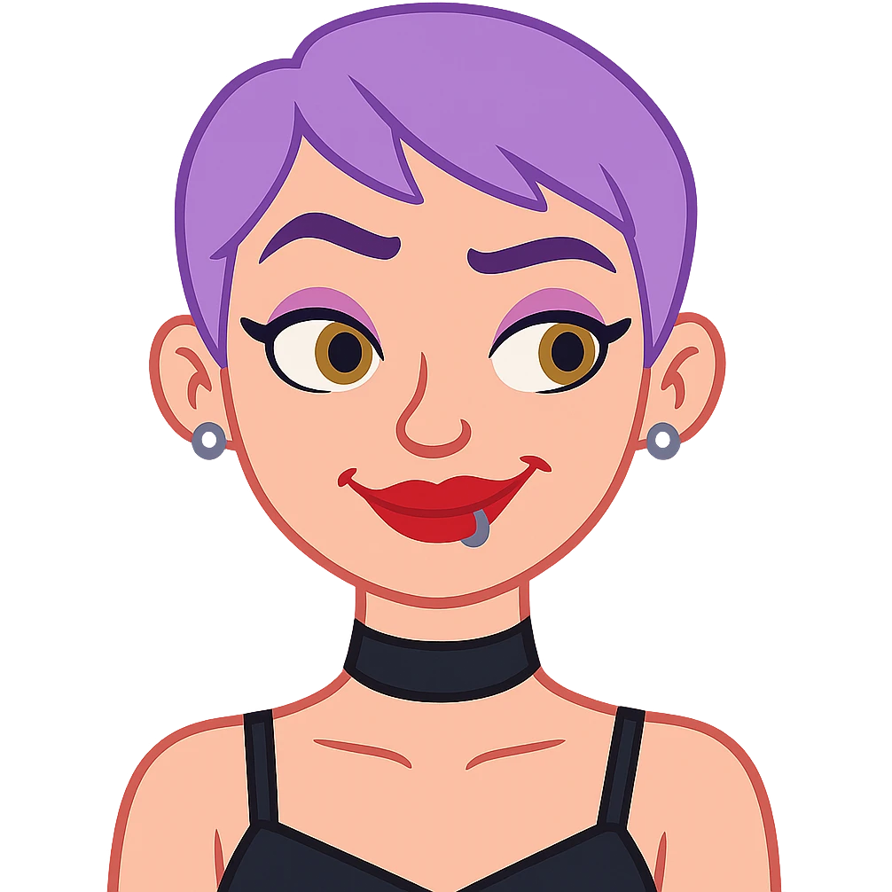 Make the character raise her eyebrows and smirk, and add a lip ring. Keep the pastel purple pixie hair, black choker, red lipstick, and earrings exactly as they are. Maintain the pastel toon style with a transparent background. emoji