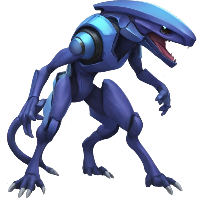 a black-blue Genesect-Raptor-Fakémon—hybrid with a futuristic visor-helmet full body emoji