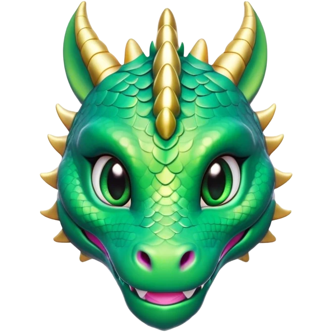 Cinematic Cute Dragon Portrait Emoji, Head tilted playfully and inquisitively, featuring a sleek, serpentine form adorned with iridescent scales that shift between emerald and gold, a delicate set of subtle horns, and round, sparkling eyes full of curious magic; rendered with realistic detail and warm natural light, high shine, affectionate and enchanting, styled with a touch of whimsical fantasy, soft glowing outline, capturing the essence of a mischievous yet lovable dragon that seems poised to slither playfully into your arms! emoji