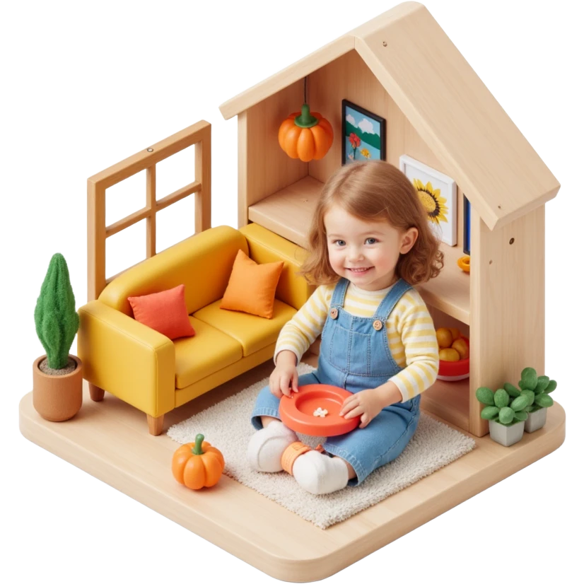 smiling girl arranging furniture in doll house emoji
