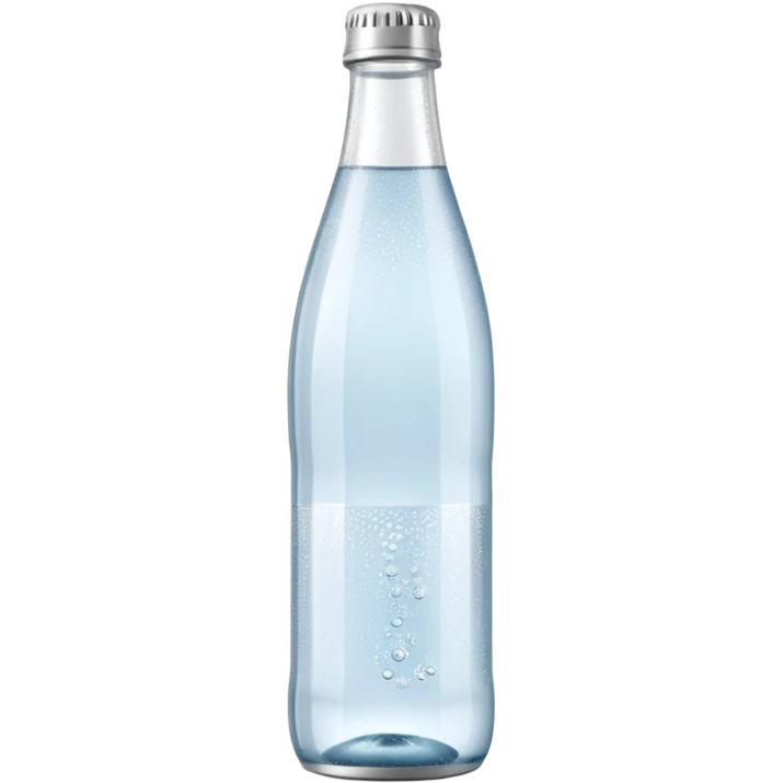 slim transparent bottle of sparkling water with small bubbles, simple silver or green or blue cap, minimal blank label, clear fizzy water, soft reflections, clean minimalistic design, 3D rendered, soft lighting, no anthropomorphic features, emoji scale emoji