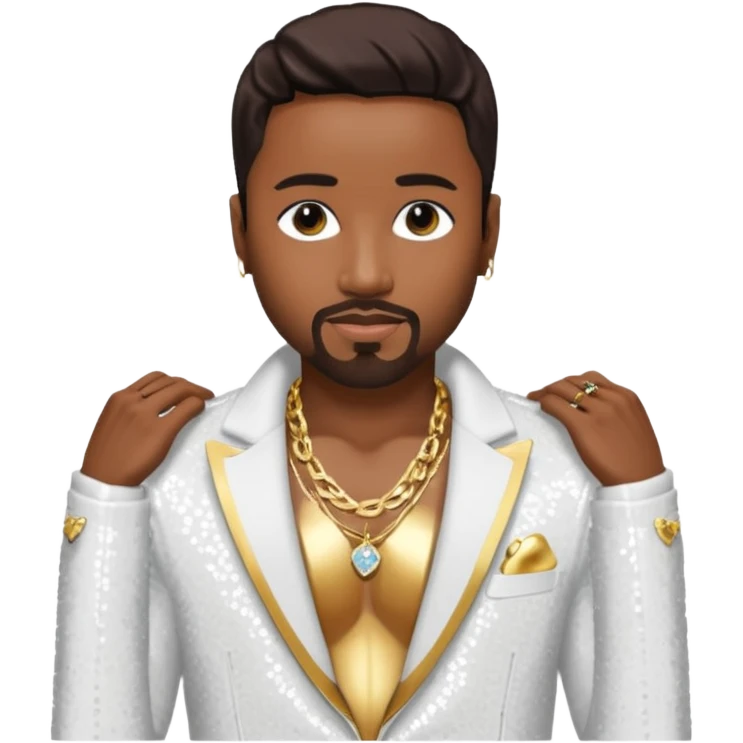 Teddy Riley with dark brown hair, white sequin jacket, shirtless with necklace  emoji