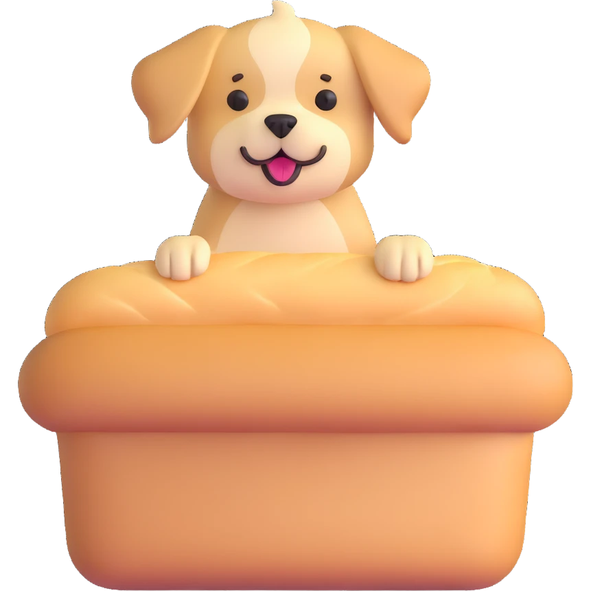 soft fluffy dog as a bread maker, peeking from a bread loaf, cheerful, warm beige, full-body emoji