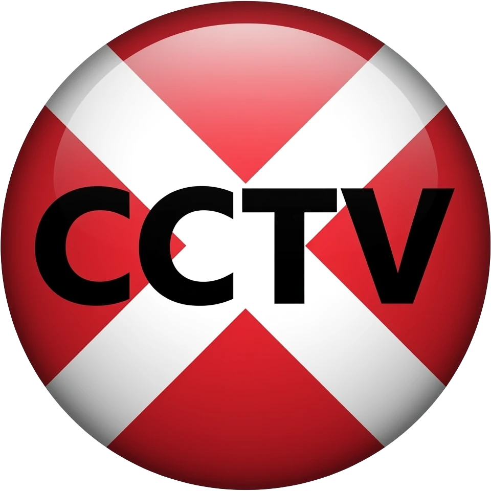 Red filled circle with white X and arrow on all end points on the X. Big CCTV word in the centre in black emoji