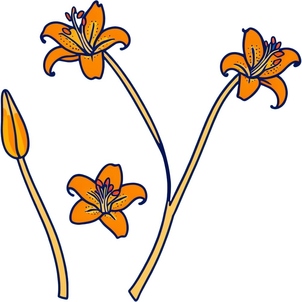 Artistic Japanese tiger lily (oniyuri) flower with stylized composition reminiscent of kimono patterns, orange recurved petals with black spots, gold accents, on indigo background emoji