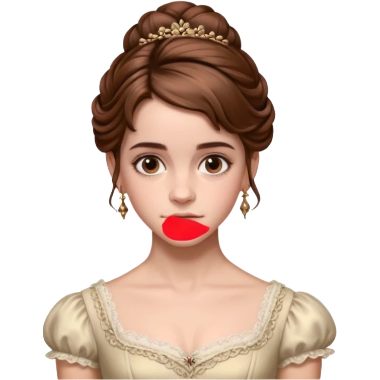 Cinematic Emma Watson Realistic Rococo Portrait, depicted with lifelike skin texture, subtle rosy undertones, and soft natural lighting that enhances the gentle contours of her face. Her intricately detailed brown hair is elegantly styled in an updo, emoji