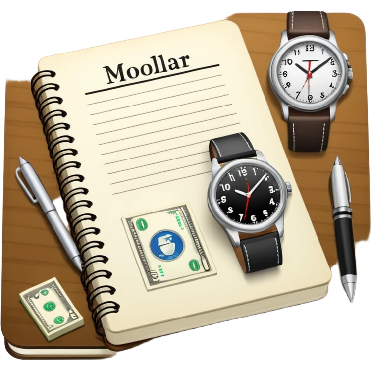 Libreta, reloj y un dolar emoji