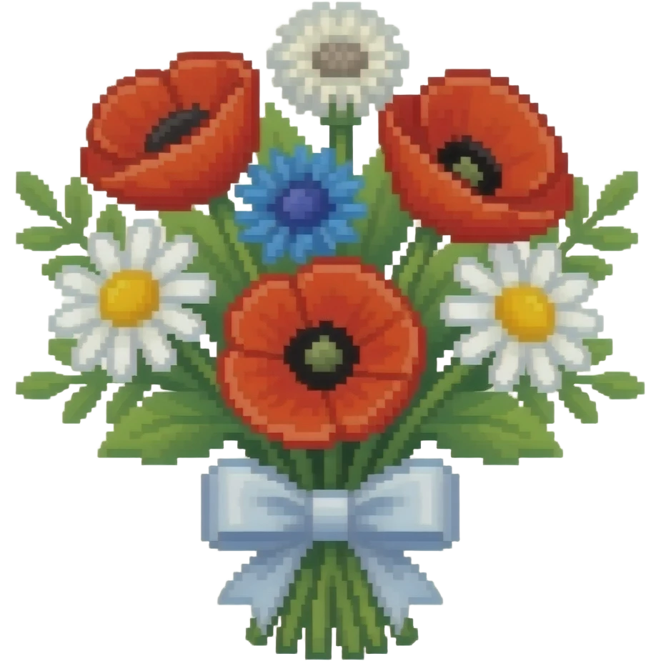 Poppies, cornflower, dandelions, daisies bouquet, pixelated emoji