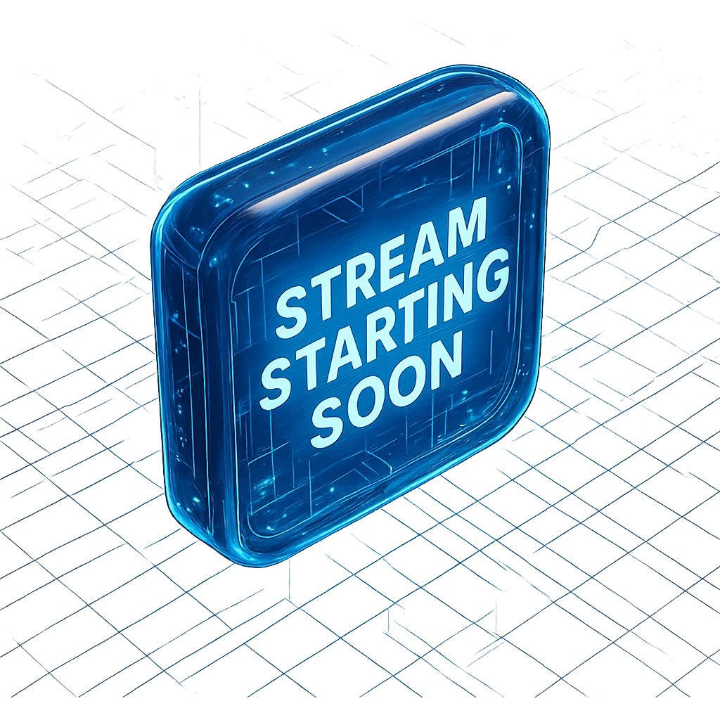 loopable Twitch stream background with large centered 'Stream Starting Soon' text, techy and modern style, glowing blue lines, digital grids, circuit-like elements, cool energetic high-tech vibe emoji