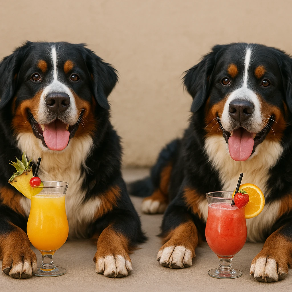 two Bernese mountain dogs relaxing with fruity beverages, wide scene, 1950x640 emoji