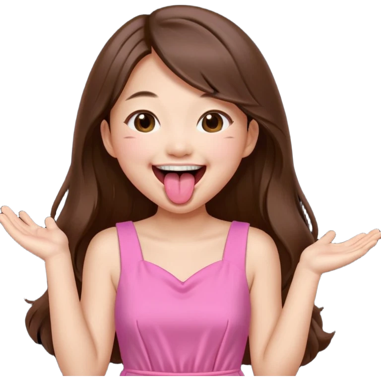 asian girl with long brown hair and fair skin wearing pink dress laughing while sticking tongue out emoji