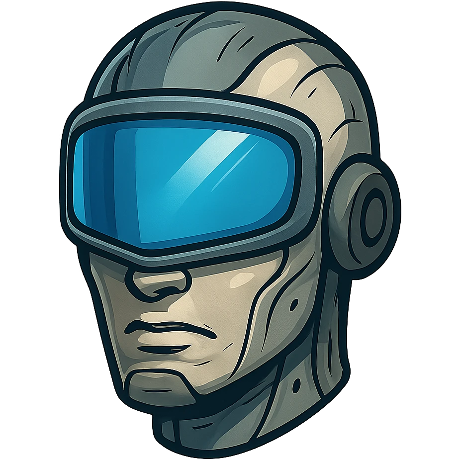 face with blue robot visor, digital illustration emoji