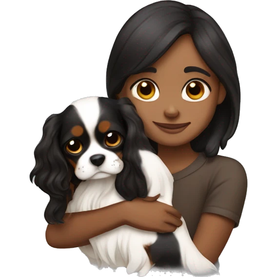 cute girl hugging two black and brown cavalier king charles spaniel  emoji
