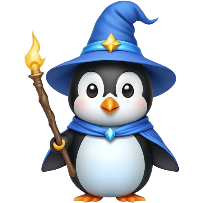 penguin wizard, emoji style, holding a wand, wearing a blue wizard hat, casting a spell emoji