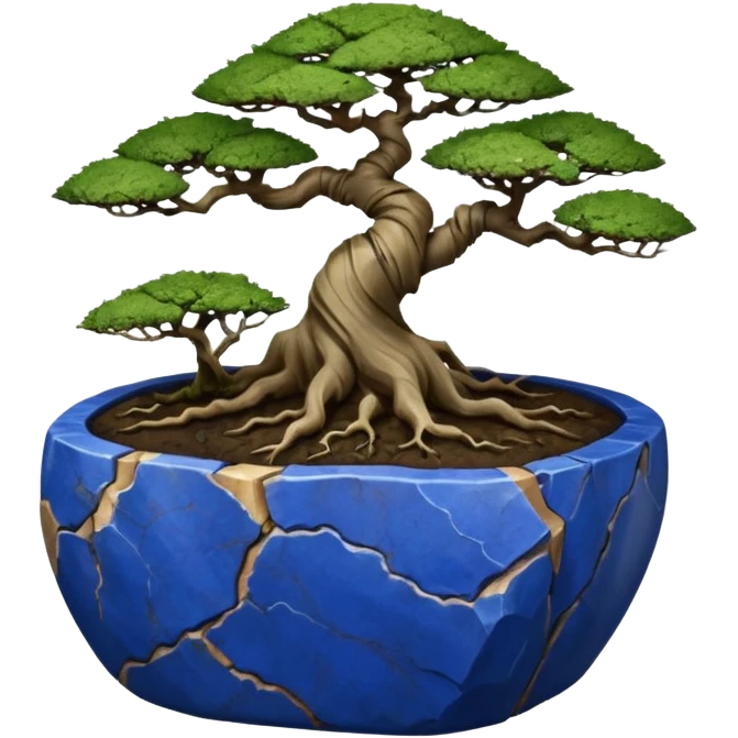 Aged bonsai two toned lapis blue terracotta Roots Stoneware akadama moss on soil irregular angular Stone Age rocks cracked crags and broken rough edges forming a very short shallow forest pot emoji