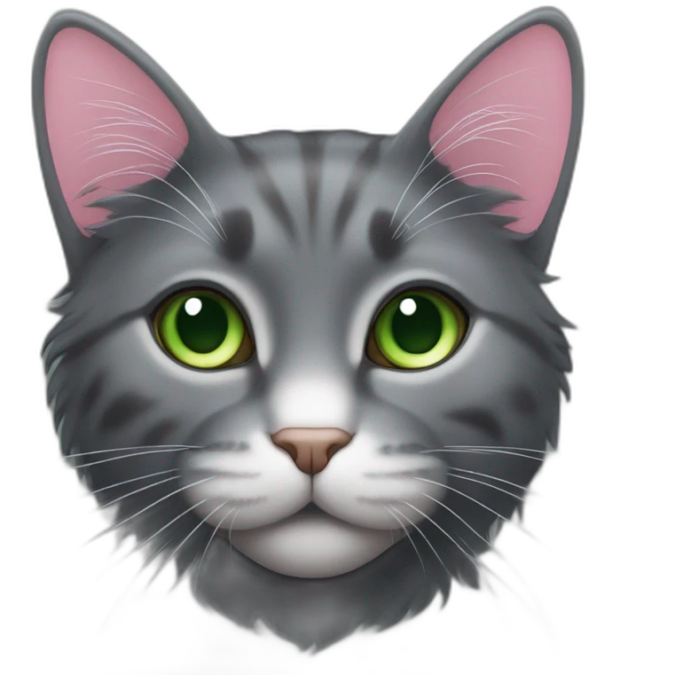 fluffy dark grey cat with pink nose, green eyes and white long whiskers, near the nose there are white spots emoji