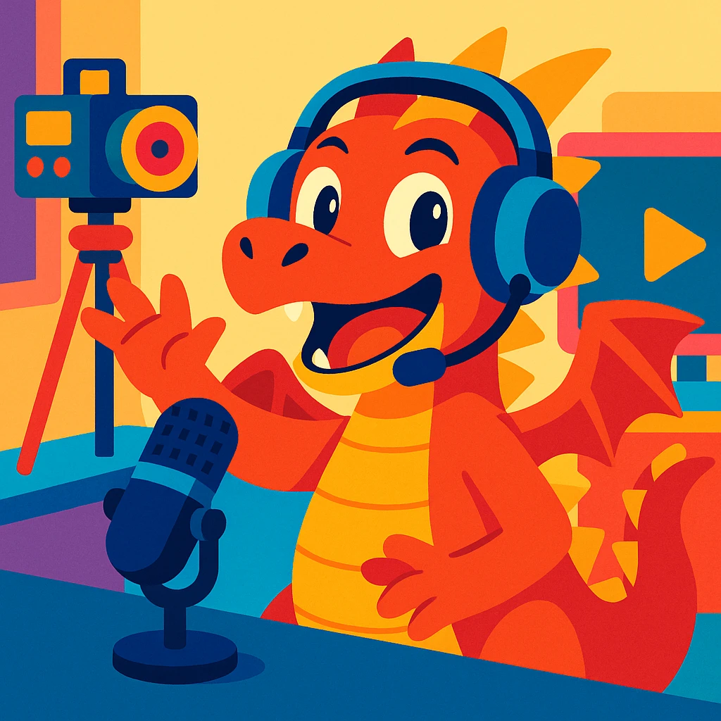 energetic and playful dragon character with headphones and a microphone, styled as a YouTuber, with a camera or streaming setup in the background, vibrant toon style emoji