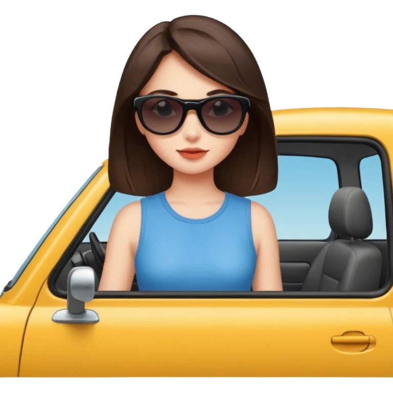 Brunette girl with sunglasses by vehicle.  emoji