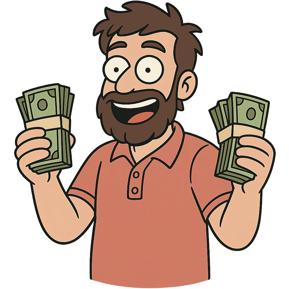 bearded brown-haired man in a polo shirt holding bundles of bills in western adult animation cartoon style emoji