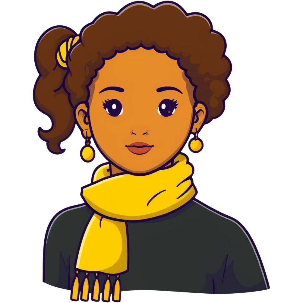 boho girl with brown skin, long curly brown hair tied high, lemon yellow scarf, round earrings emoji