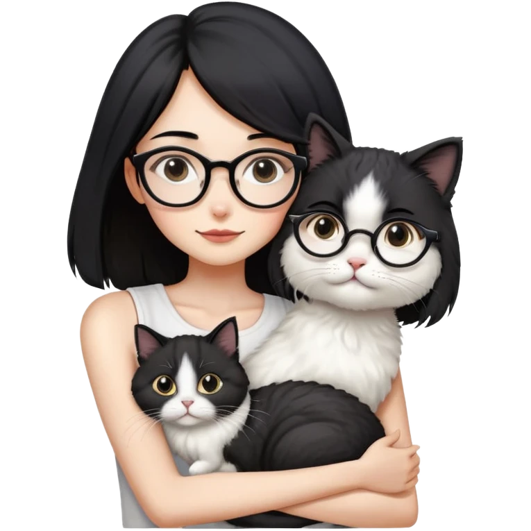 Skinny woman with oval glasses, shoulder length straight black hair, wearing white sleeveless top, hugging a Persian-Angora cat that's gray and white like Oreo cookies, plain background emoji