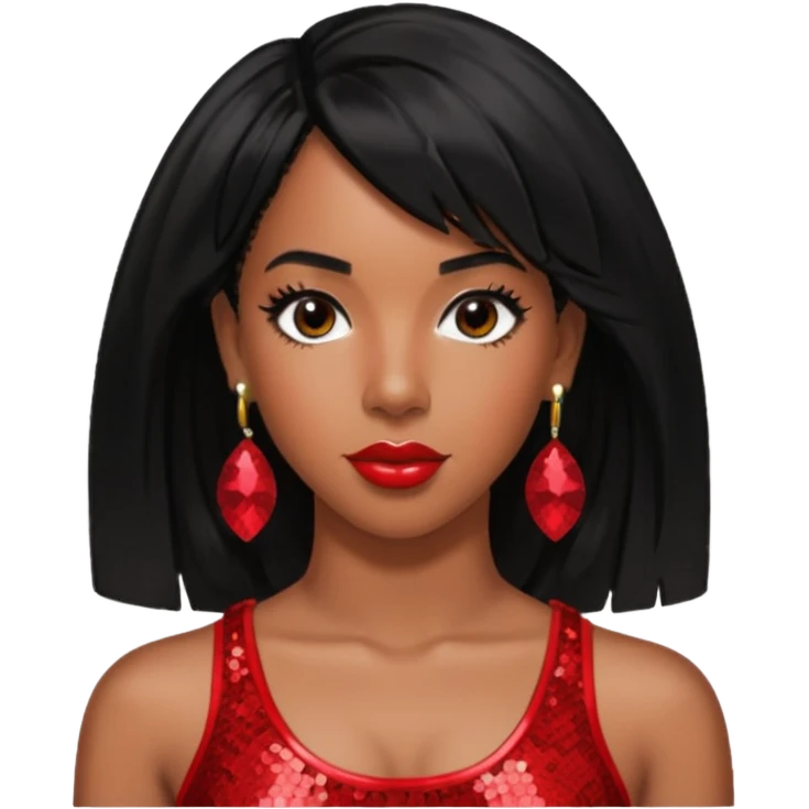 Kelly Rowland with black hair, red sequin crop top, red earring emoji