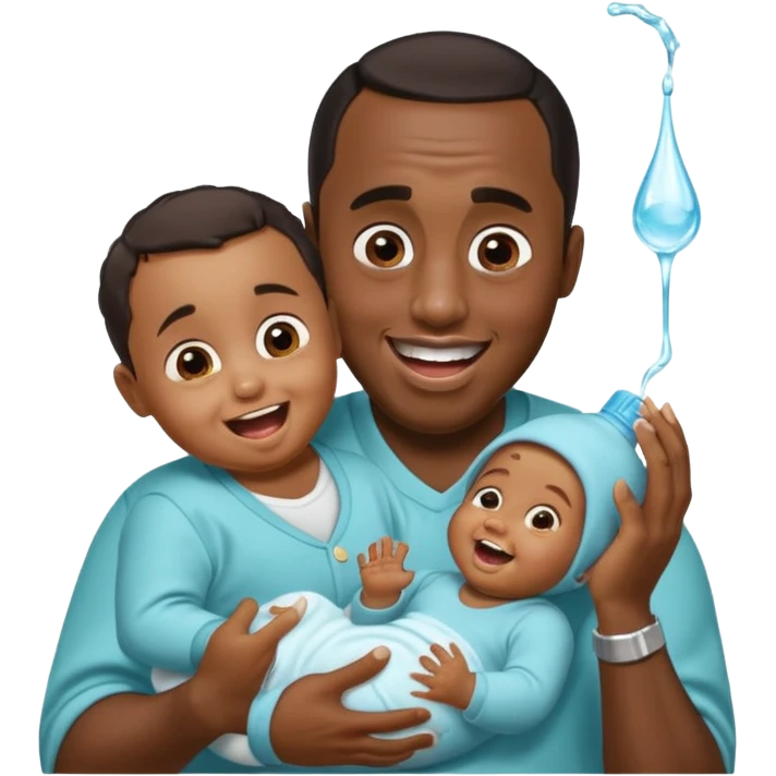 Sean “Diddy” Combs with baby oil and a very small infant and he’s pouring the baby oil on the infant that is laughing with a very exaggerated expression emoji