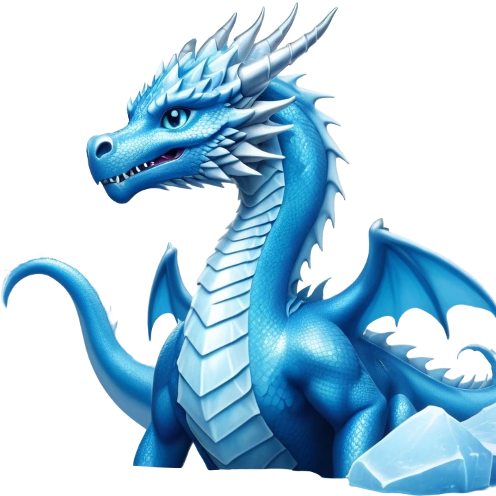 Cinematic Noble wise elegant Ice Dragon full body  Emoji, Poised and imposing, distinct long elegant snout, with a slender, scaled body shimmering in glacial hues of icy blue, frostbitten silver, and crystalline white, breathing out frost, with piercing, glowing ice blue white eyes that radiate the chilling depths of an arctic storm; rendered in detail. excuding wisdom emoji