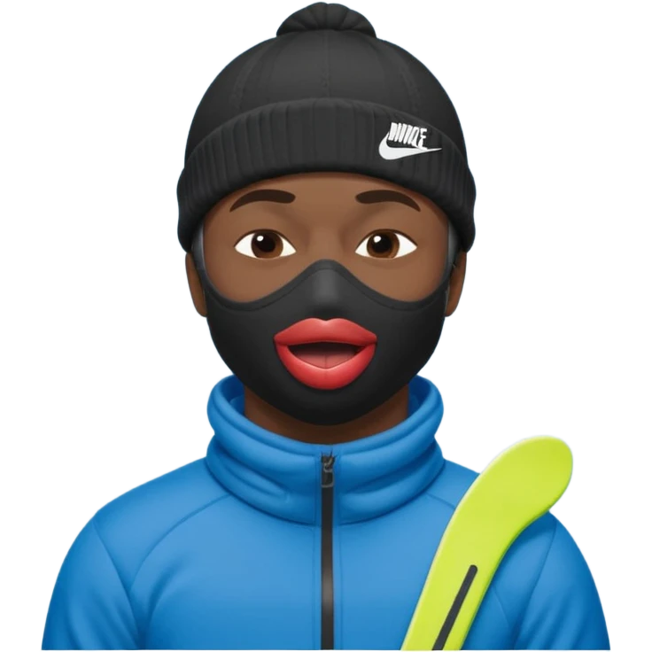 black guy with nike ski mask on squinching his face with his lips puckered trying to hold his laugh with his eyes closed emoji