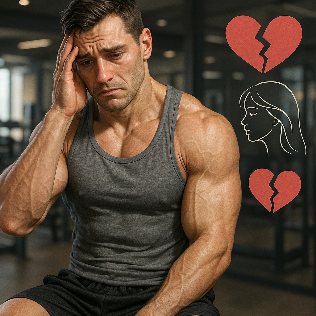  bodybuilder che fa cicli senza base di testosterone, con problemi intimi legati alla coppia, iper realistica, in italiano se usi testo emoji