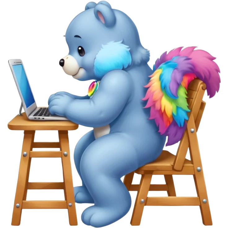 Care bear back view, sit on a chair, working on a computer emoji