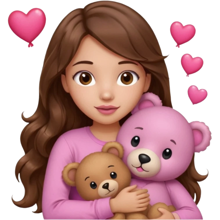 girl with long wavy brown hair, brown eyes, light to medium complexion, in a pink shirt, pink lips, long lashes, hugging squeezing  a teddy bear with hearts emoji