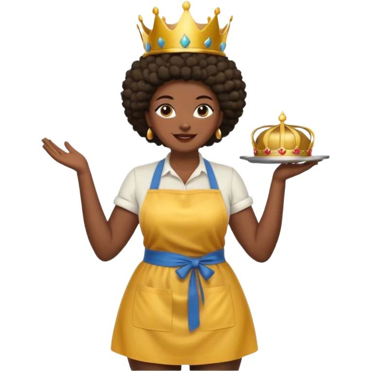 Mujer curvy afro, con piernas gordas y vestimenta cómoda, usando delantal,con una corona sobre su cabeza y sonrisa contagiosa.  emoji