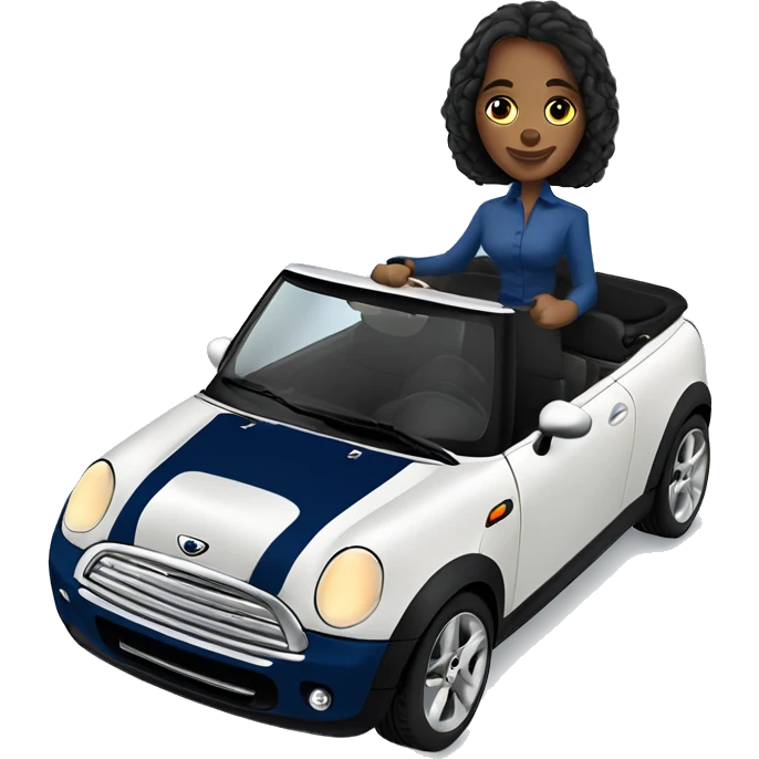 navy blue convertible Mini Cooper, with fair skin and blue eyed woman driving  emoji