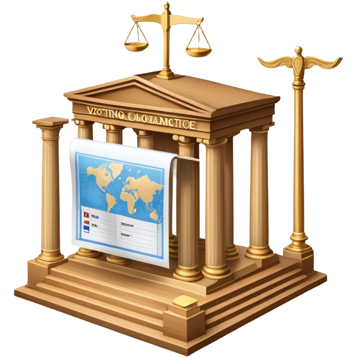 An icon featuring a ballot box with a voting paper, a government building with columns, and a scale of justice, symbolizing political science. The design includes a world map in the background, representing global political systems. Transparent background highlights governance and civic studies. emoji