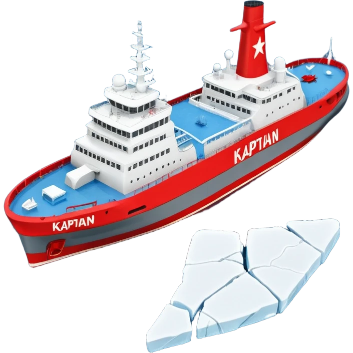Realistic 3D icon of icebreaker "Kapitan Krutov" (grey hull, red star, white superstructure, "РОСМОРПОРТ" lettering). Soft winter lighting, 3/4 aerial view. Fractured blue ice, white background. High detail, photorealistic GSON style. emoji