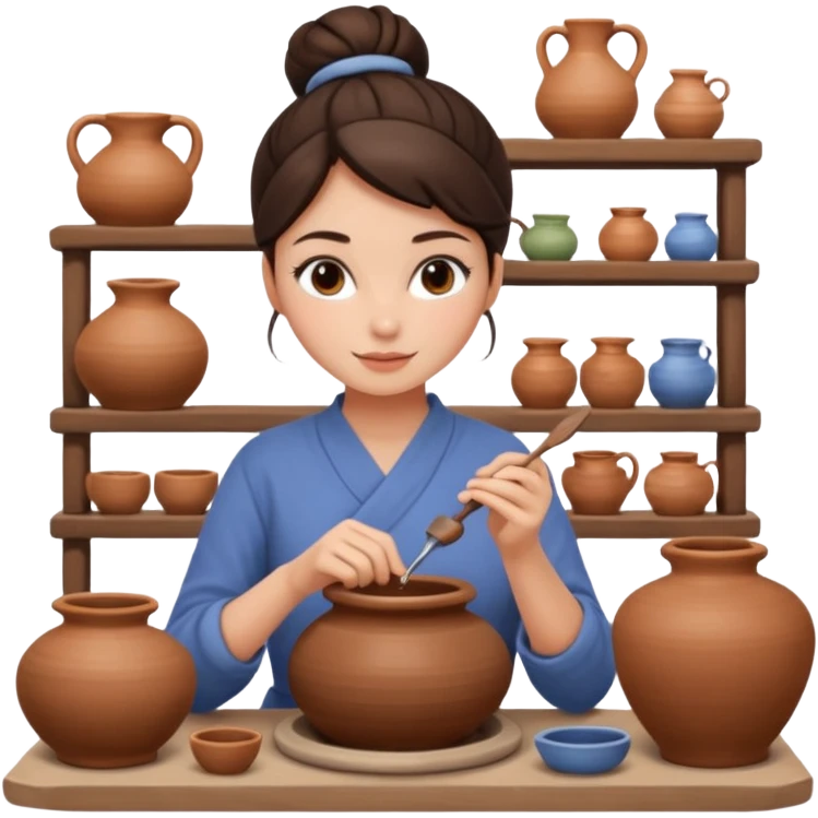 Brunette girl, bun, doing pottery, pottery wheel emoji