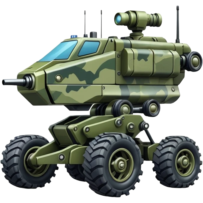 a 4-wheel camouflage army massive mech trail vehicle shooting forward side-hill leaning actively suspended pod gimbal enemy mech off-road racing rover with large fast engine  emoji