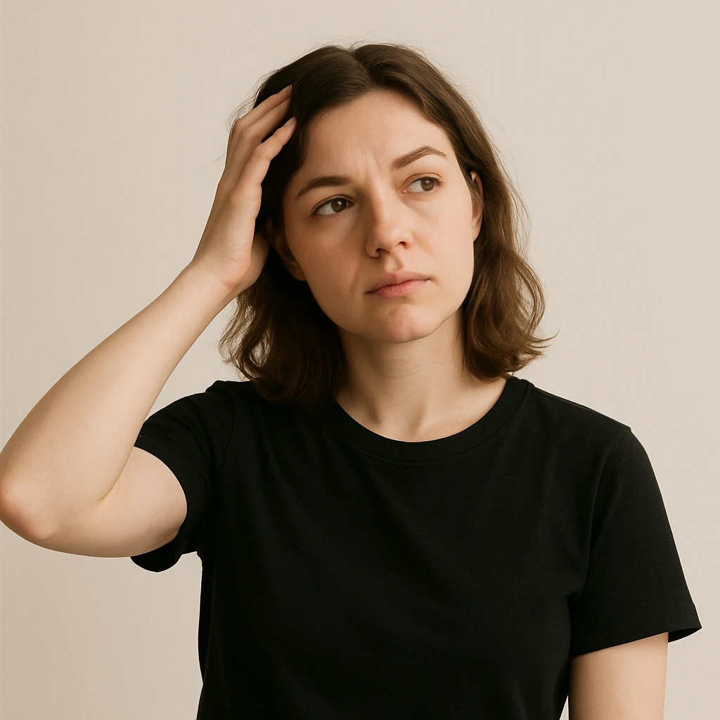 woman with hand on head, thoughtful pose, minimal background emoji